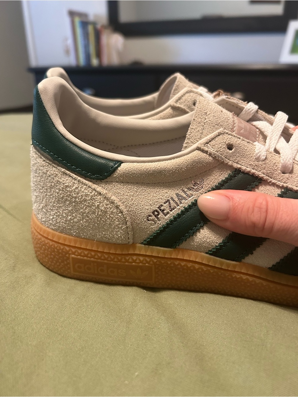 adidas Suede Sneakers in Off-White with Dark Green Stripes and Gum Sole - Picture 13 of 15